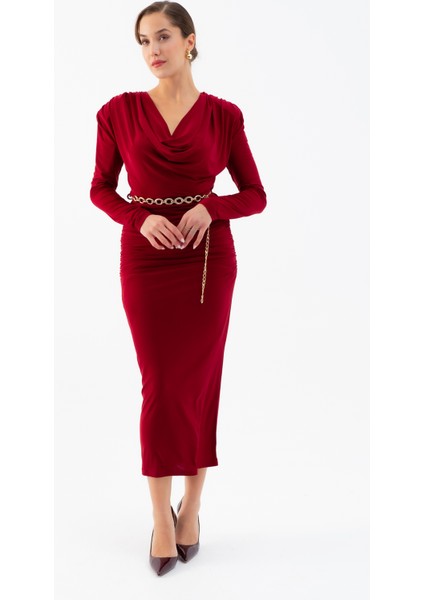 Kadın Bordo Degaje Yaka Zincir Kemerli Maxi Elbise fiyatları