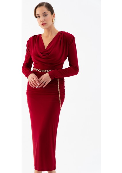 Kadın Bordo Degaje Yaka Zincir Kemerli Maxi Elbise modelleri