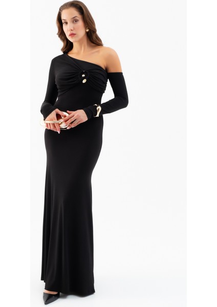 Kadın Siyah Tek Omuz Taş Aksesuarlı Maxi Elbise