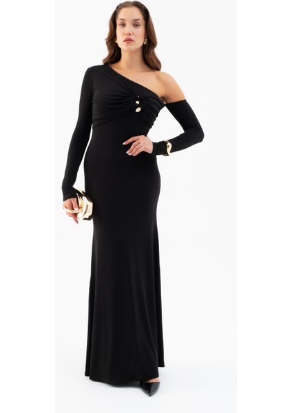 Kadın Siyah Tek Omuz Taş Aksesuarlı Maxi Elbise fiyatları