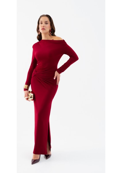 Kadın Bordo Düğüm Detay Uzun Örme Elbise