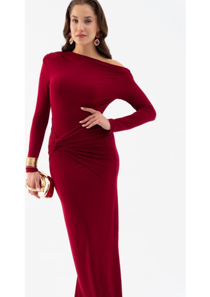 Kadın Bordo Düğüm Detay Uzun Örme Elbise modelleri