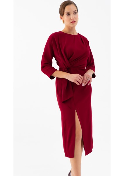 Kadın Bordo Yırtmaçlı Midi Saten Davet Elbisesi modelleri