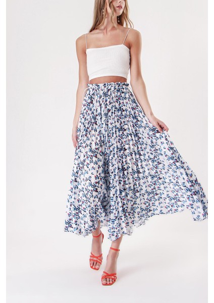 Beyaz Mavi Beli Lastikli Piliseli Etek 81218