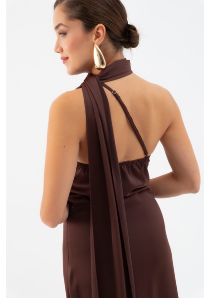 Kadın Kahverengi Tek Omuz Şal Yaka Uzun Saten Elbise indirimleri
