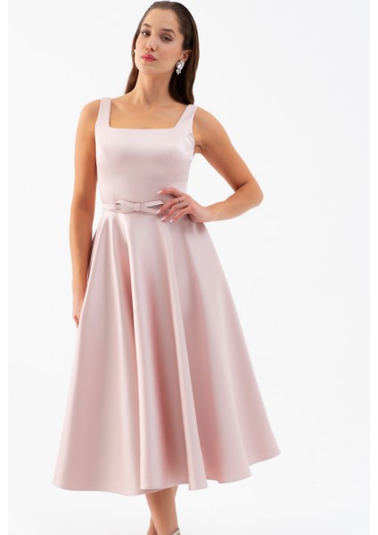 Kadın Pudra Kare Yaka Kemerli Midi Söz Nişan Elbisesi fiyatları