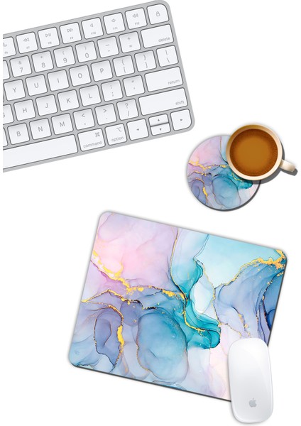 Yeşil Mermer Desenli Mouse Pad ve Bardak Altlığ Set