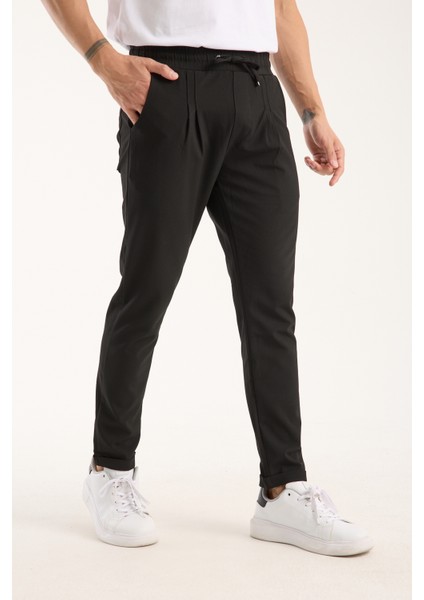 Erkek Jogger Pileli Bel Lastikli Bağcıklı Likralı Siyah Pantolon