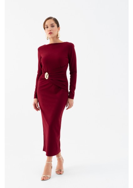 Kadın Bordo Vatkalı Bel Büzgülü Midi Elbise