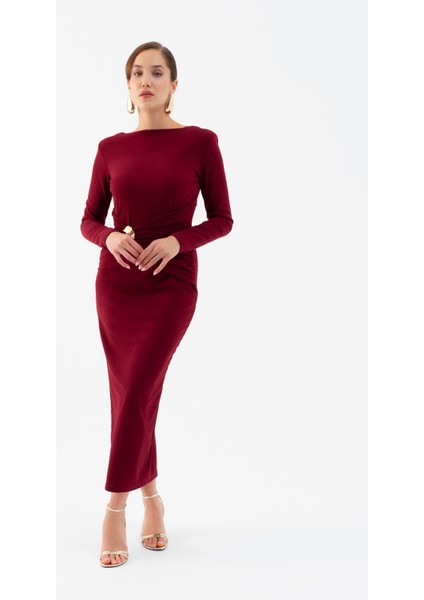 Kadın Bordo Vatkalı Bel Büzgülü Midi Elbise fiyatları