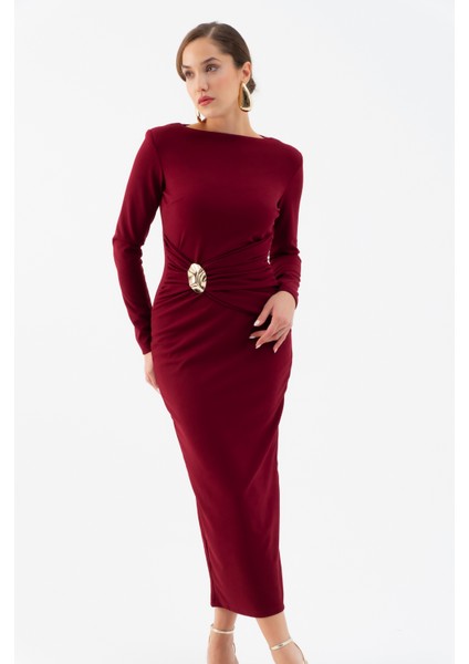 Kadın Bordo Vatkalı Bel Büzgülü Midi Elbise modelleri