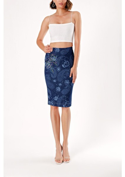 Lacivert Taş Baskılı Kalem Etek 80686