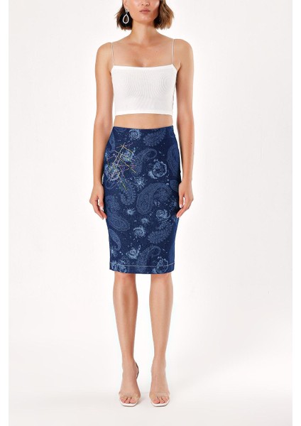 Lacivert Taş Baskılı Kalem Etek 80686 fiyatları