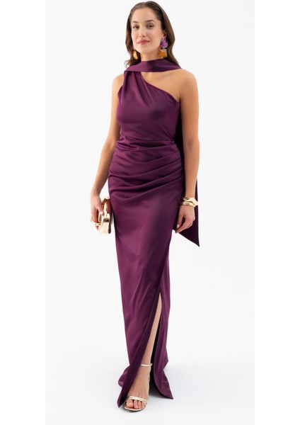 Kadın Mürdüm Fular Yaka Yırtmaçlı Uzun Saten Abiye Elbise fiyatları