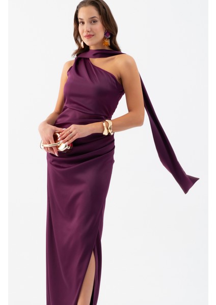 Kadın Mürdüm Fular Yaka Yırtmaçlı Uzun Saten Abiye Elbise modelleri