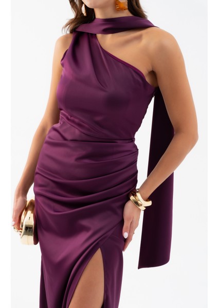 Kadın Mürdüm Fular Yaka Yırtmaçlı Uzun Saten Abiye Elbise fırsatları