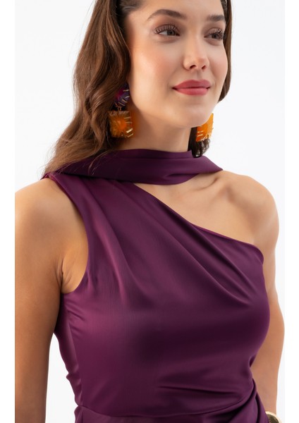 Kadın Mürdüm Fular Yaka Yırtmaçlı Uzun Saten Abiye Elbise indirimleri