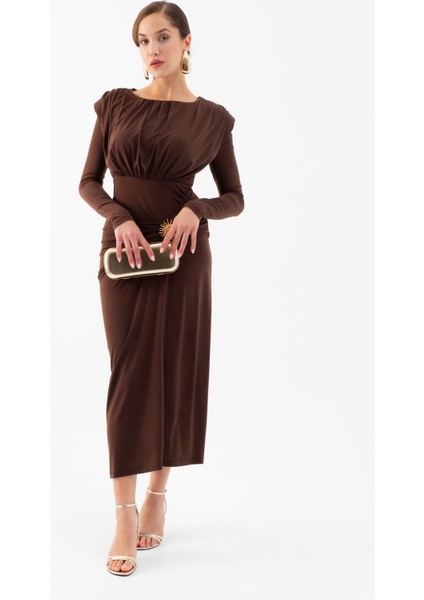 Kadın Kahverengi Büzgü Detaylı Uzun Kollu Elbise fiyatları