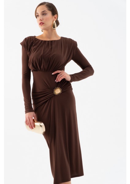 Kadın Kahverengi Büzgü Detaylı Uzun Kollu Elbise modelleri