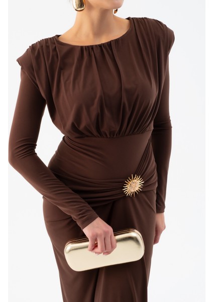 Kadın Kahverengi Büzgü Detaylı Uzun Kollu Elbise fırsatları