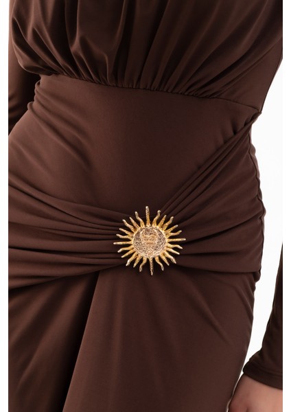 Kadın Kahverengi Büzgü Detaylı Uzun Kollu Elbise indirimleri