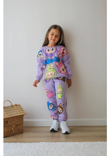 Kız Çocuk Labubu Modelli 3 Iplik Şardonlu Eşofman Takımı