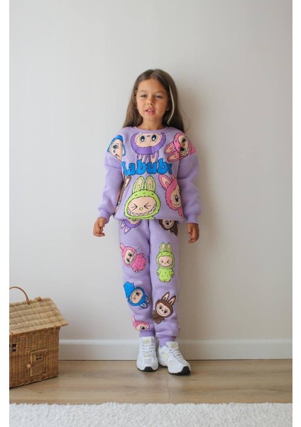 Kız Çocuk Labubu Modelli 3 Iplik Şardonlu Eşofman Takımı modelleri