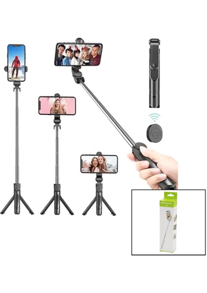Siyah Selfi Çubuk - Tripod Ayaklı 57CM Uzayan-Kısalan Saplı + 10CM =67CM (5263)