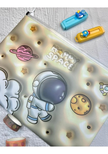 Galaksi Macerası Şeffaf Tek Bölmeli A4 Fermuarlı Dosya Klasörü / Belge Dosyası/düzenleyici Klasör