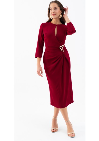 Kadın Bordo Aksesuar Detay Midi Elbise