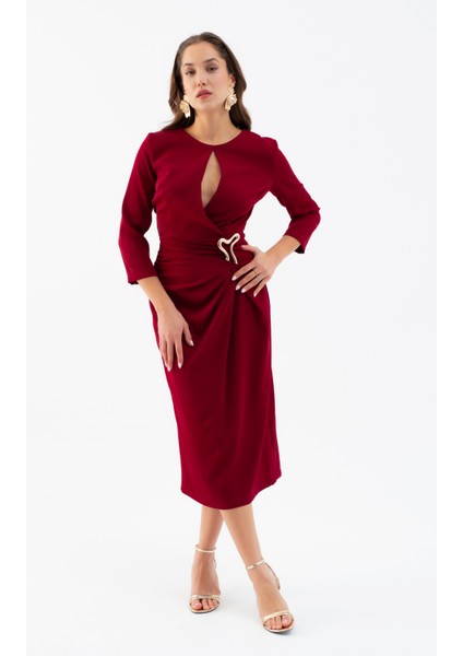 Kadın Bordo Aksesuar Detay Midi Elbise fiyatları