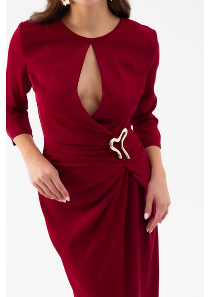 Kadın Bordo Aksesuar Detay Midi Elbise fırsatları