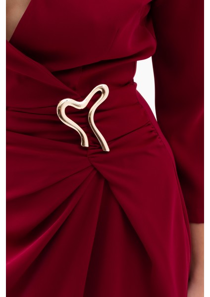 Kadın Bordo Aksesuar Detay Midi Elbise indirimleri