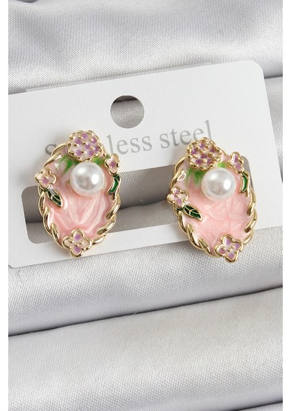 Pirinç Pembe Mineli Inci Detaylı Sanatsal Portre Model Gold Renk Kadın Küpe