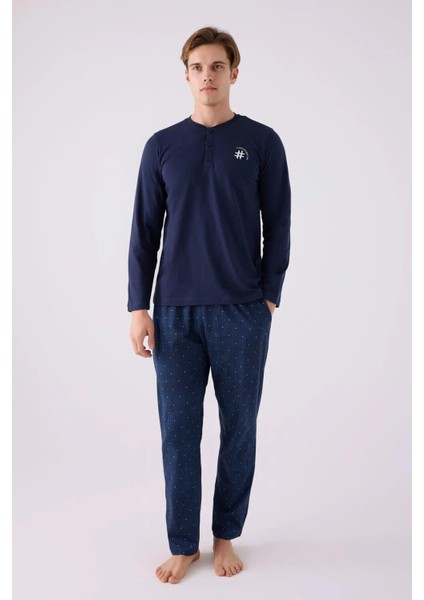 Erkek Pamuklu Comfortablelıfe Bisiklet Yaka Uzun Kollu Pijama Takım