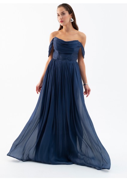 Kadın Lacivert Kayık Yaka Uzun Abiye Elbise
