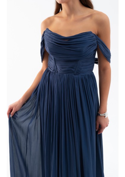 Kadın Lacivert Kayık Yaka Uzun Abiye Elbise indirimleri