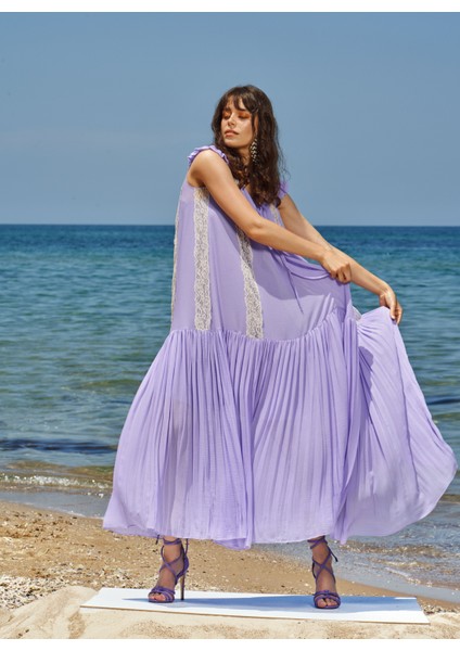 Lila Dantelli Kolsuz Uzun Elbise 93544