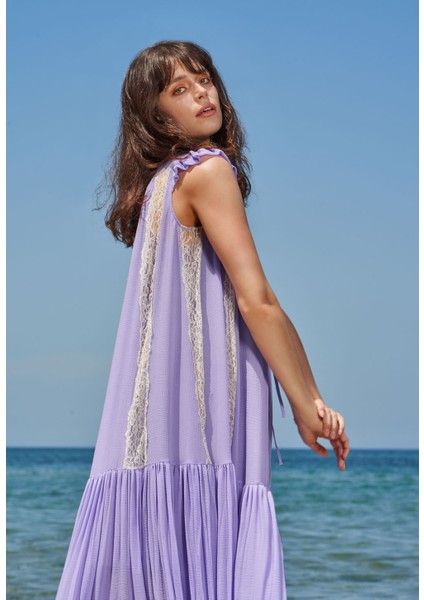 Lila Dantelli Kolsuz Uzun Elbise 93544 modelleri