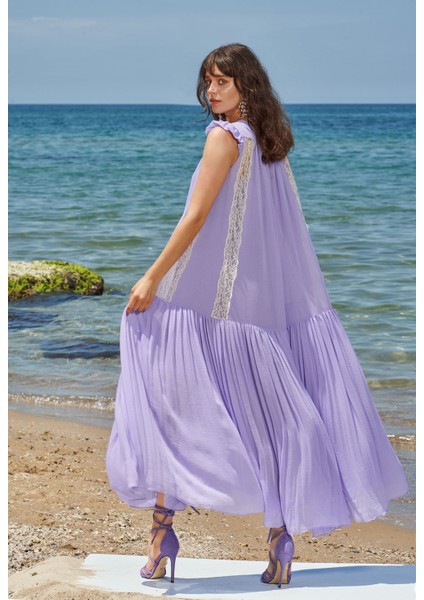 Lila Dantelli Kolsuz Uzun Elbise 93544 fırsatları