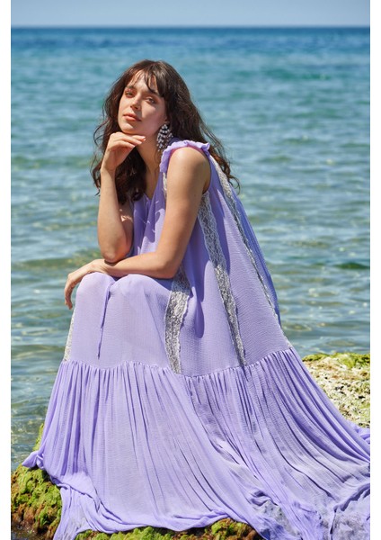 Lila Dantelli Kolsuz Uzun Elbise 93544 indirimleri