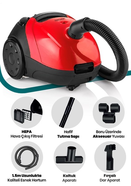 Kırmızı Yıkanabilir Toz Torbalı Elektrikli Süpürge 2,5l 900W 5 Yıl Garantili fiyatları
