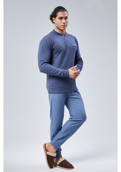 Mooncover Erkek Kışlık Göğüs Cebi Detaylı Pijama Takımı Jeans