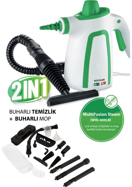 Çok Amaçlı 2'li Buharlı Temizlik Makinesi, El ve Mop Özellikli, Beyaz