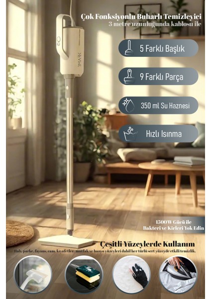10'lu Çok Fonksiyonlu Buharlı Temizlik Makinesi, 1500W, Gri, Garantili