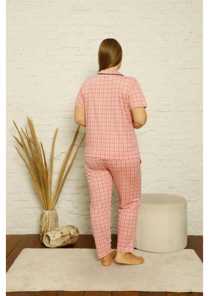 Kadın Pamuklu Cepli Kısa Kol Büyük Beden Pijama Takım Pembe modelleri