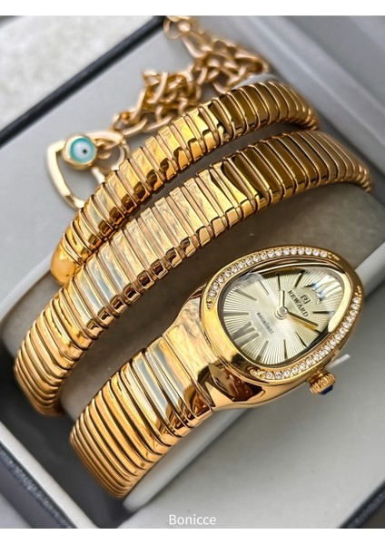 Kalından Inceye Doğru Taşlı Yılan Saat (2 Tur),kibar Kasa (24 Çap),3 Atm Gold Çelik Kordon, Bileklik
