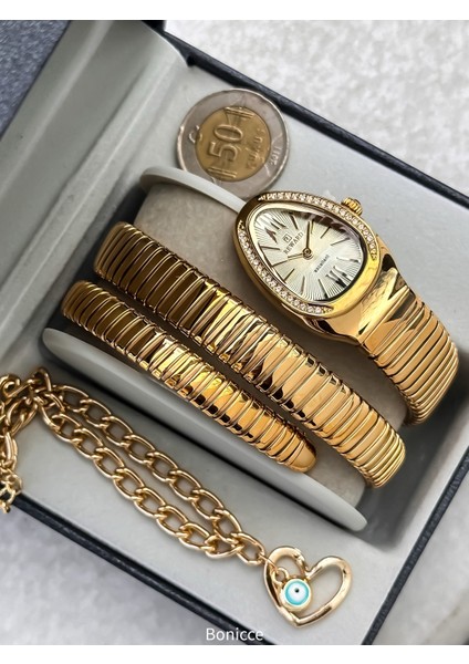 Kalından Inceye Doğru Taşlı Yılan Saat (2 Tur),kibar Kasa (24 Çap),3 Atm Gold Çelik Kordon, Bileklik