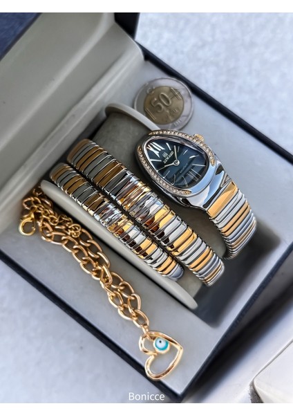 Kalından Inceye Doğru Taşlı Yılan Saat (2 Tur),kibar Kasa (24 Çap),3 Atm Gri/yeşil Çelik Kordon,ç modelleri