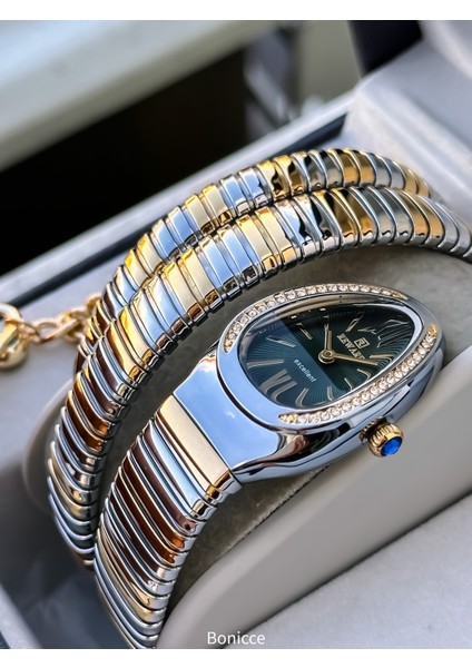 Kalından Inceye Doğru Taşlı Yılan Saat (2 Tur),kibar Kasa (24 Çap),3 Atm Gri/yeşil Çelik Kordon,ç indirimleri